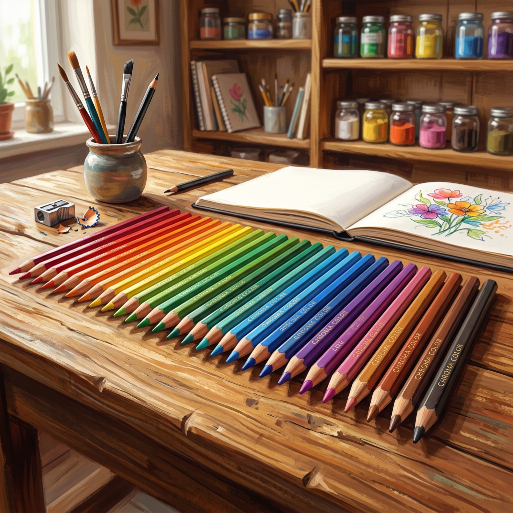 Colored pencils arranged in a rainbow order beside an open sketchbook with a colorful flower drawing