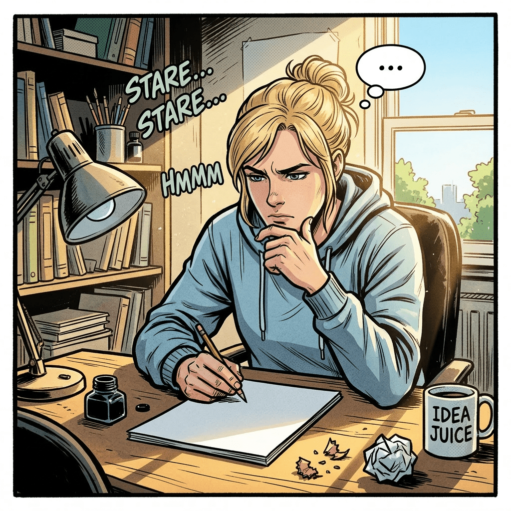 Person at desk thinking with pencil and blank paper