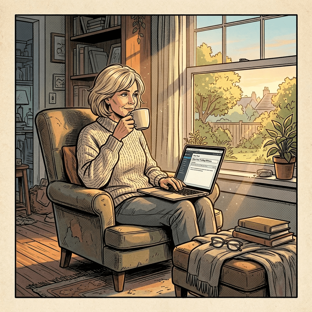 Woman sitting cross-legged on armchair holding a mug, with an open book on her lap by the window.