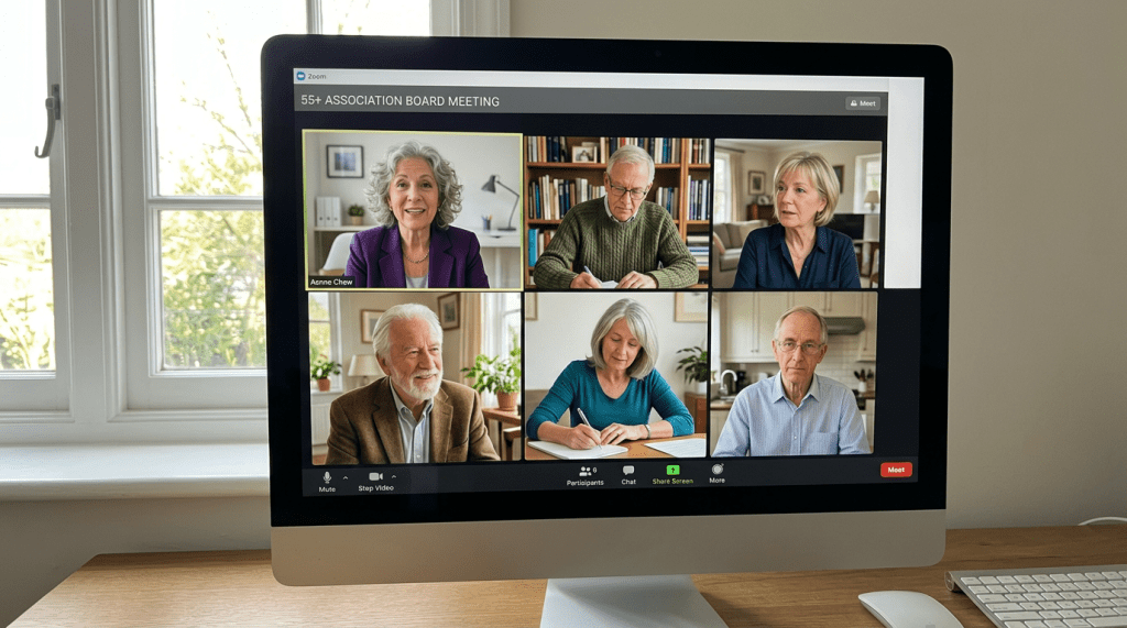 Six older adults in a virtual video conference meeting labeled 55+ association board meeting