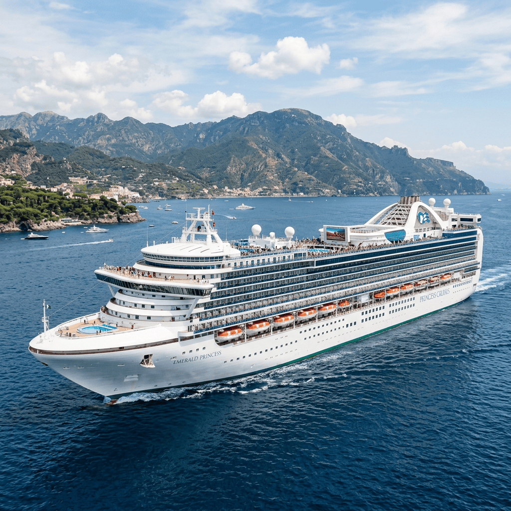 Emerald Princess cruise ship sailing past Mediterranean mountains and coastal villages